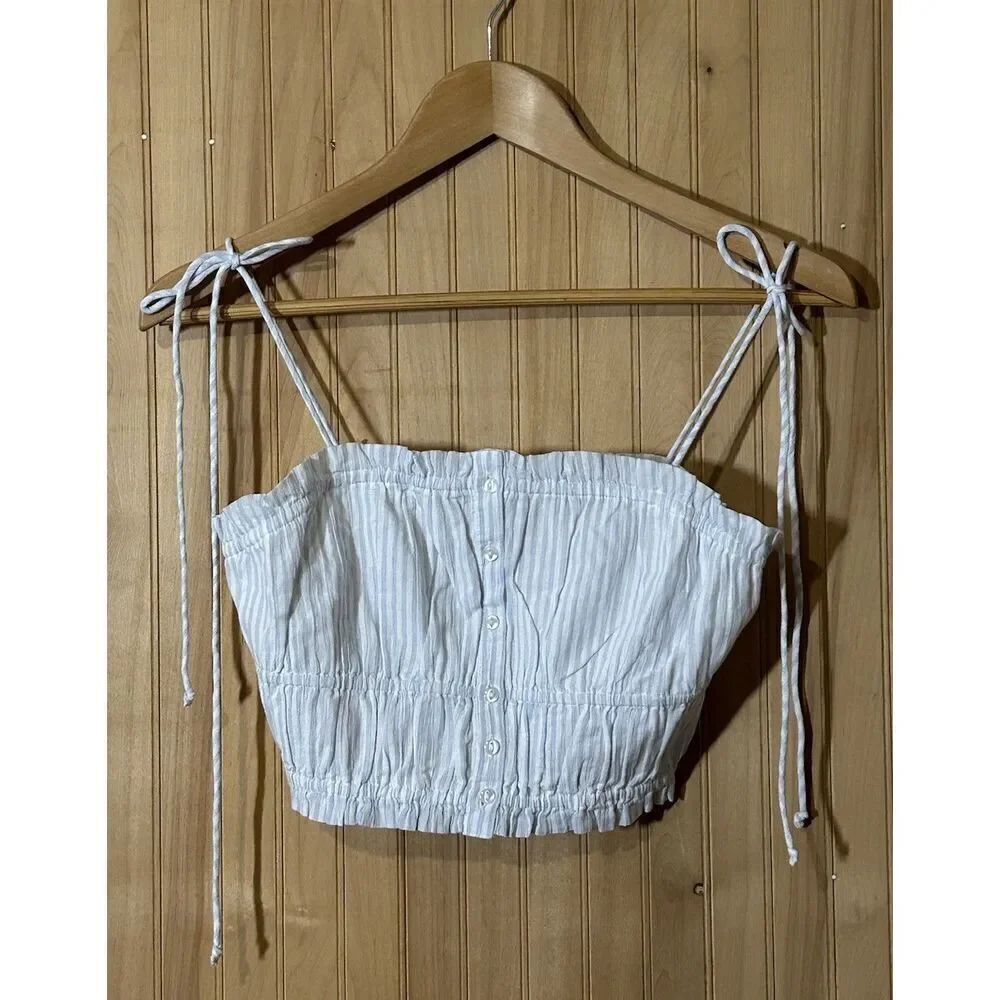 Aerie Women XS Tank Top Cami Spaghetti Straps Blue White Striped Buttons
